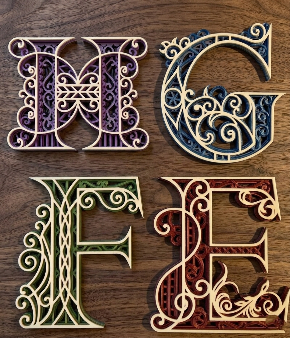 Lettres ornementales imprimées en 3D avec arabesques colorées