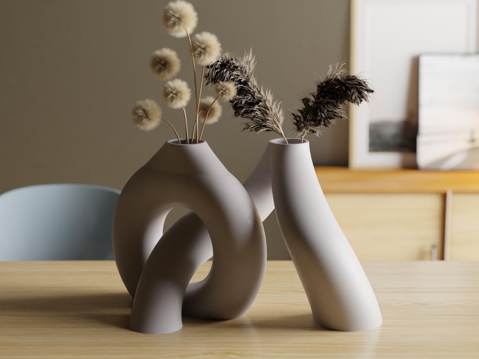 Duo vases twist torsadés avec fleurs séchées imprimés en 3D